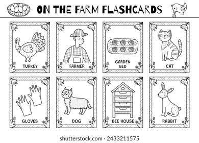 On the farm flashcards black and white set. Flash cards collection in outline for coloring. Learn farm vocabulary for school and preschool. Vector illustration