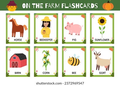 On the farm flashcards collection. Flash cards for practicing reading skills. Learn farm vocabulary for school and preschool. Vector illustration