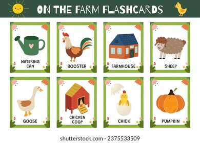 On the farm flashcards collection. Flash cards for practicing reading skills. Learn farm vocabulary for school and preschool. Vector illustration