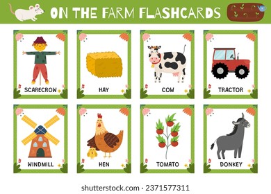 On the farm flashcards collection. Reading flash cards for kids with cute characters. Learn farm vocabulary for school and preschool. Vector illustration