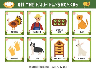 On the farm flashcards set. Flash cards collection for practicing reading skills. Learn farm vocabulary for school and preschool. Vector illustration