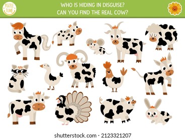 On the farm hide and seek game. Farm matching activity for kids. Rural village seek and find worksheet. Simple printable game with cute animals. Who is hiding in disguise. Find the real cow
