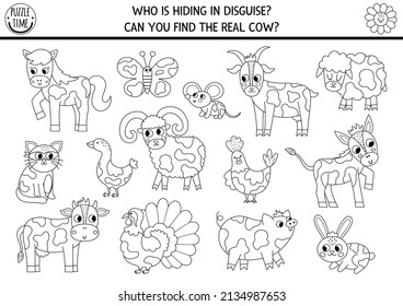 On the farm hide and seek game. Black and white farm matching activity for kids. Seek and find coloring page. Simple printable line game with animals. Who is hiding in disguise. Find the real cow
