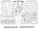 On the farm placemat with cute animals. Farm activity mat for kids with dot to dot, find 5 differences, maze and other games. Vector illustration