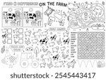 On the farm placemat with cute animals. Farm activity mat for kids with dot to dot, find 5 differences, maze and other games. Vector illustration