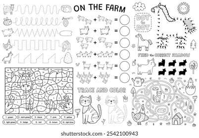 No placemat da fazenda com animais bonitos. Tapete de atividade agrícola para crianças com cor por número, labirinto, ponto a ponto, matemática, traçar as linhas de jogos. Ilustração vetorial