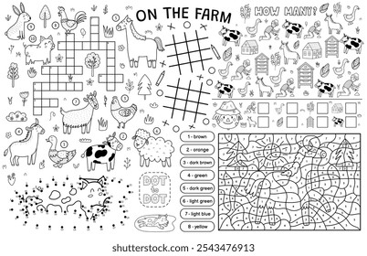 No placemat da fazenda com animais bonitos. Tapete de atividade agrícola para crianças com cor por número, palavras cruzadas, ponto a ponto, quantos jogos. Ilustração vetorial