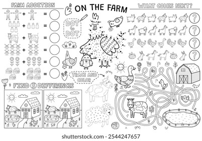 En el mantel de la granja con animales lindos. Estera de la actividad de la granja para los niños con punto a punto, encontrar 5 diferencias, laberinto y otros juegos. Ilustración vectorial