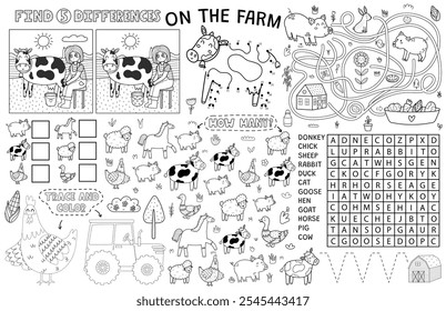 No placemat da fazenda com animais bonitos. Tapete de atividade agrícola para crianças com ponto a ponto, encontrar 5 diferenças, labirinto e outros jogos. Ilustração vetorial