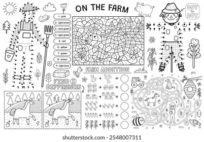 En el mantel de la granja con animales lindos. Estera de la actividad de la granja para los niños con color por número, punto a punto, encontrar 5 diferencias y juegos de laberinto. Ilustración vectorial