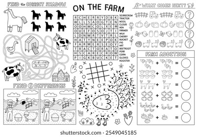 En el mantel de la granja con animales lindos. Estera de la actividad de la granja para los niños con punto a punto, encontrar diferencias, búsqueda de palabras y juegos de laberinto. Vaca, caballo, pavo y otros animales de granja. Ilustración vectorial