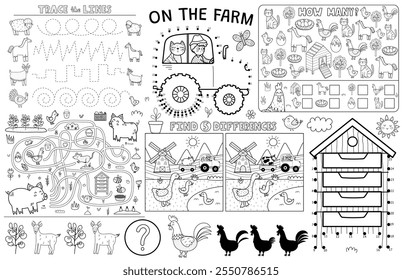 On the farm placemat with cute animals. Farm activity mat for kids with dot to dot, how many, trace the lines, find differences and maze games. Pig, goose, hen and others. Vector illustration