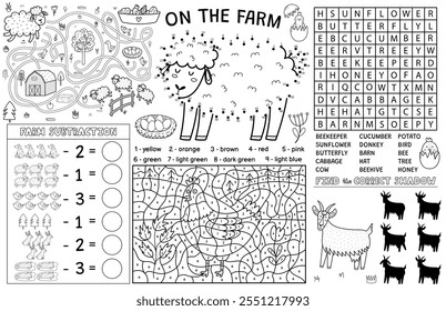 En el mantel de la granja con animales lindos. Estera de la actividad de la granja para los niños con punto a punto, búsqueda de palabras, matemáticas, color por número y juegos de laberinto. Ovejas, gallinas, cabras y otros. Ilustración vectorial