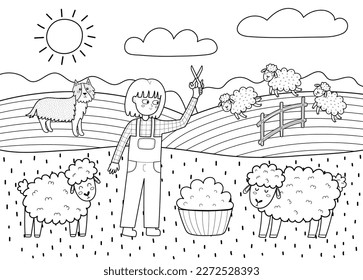 On the farm poster with cute animals in black and white. Girl shearing sheep and making wool on a green meadow. Pasture landscape for coloring book. Vector illustration