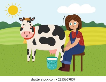 On the farm poster with cute girl milking a cow. Green meadow with farm characters in cartoon style. Pasture landscape. Countryside background. Vector illustration