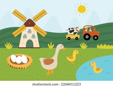 On the farm poster with a cute goose and her baby goslings. Windmill, tractor, a pond on a green meadow. Pasture landscape with farm characters. Countryside background. Vector illustration