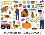 On the farm set with cute animals and kids farmers. Countryside life elements in cartoon style. Boy watering plant, sheep, cow, dog, duck, tractor and gardening graphic collection. Vector illustration