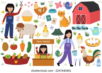 On the farm set with cute animals and kids farmers. Сountryside life elements in cartoon style. Sheep shearing, farm market, rooster, cat, hen, chick in egg, barn and other gardening icons collection