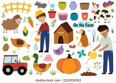 On the farm set with cute animals and kids farmers. Countryside life elements in cartoon style. Boy watering plant, sheep, cow, dog, duck, tractor and gardening graphic collection. Vector illustration