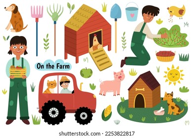 On the farm set with cute animals and kids farmers. Countryside life elements collection in cartoon style. Boy and cat on a tractor, pig, dog with a kennel, hen in a chicken coop. Vector illustration