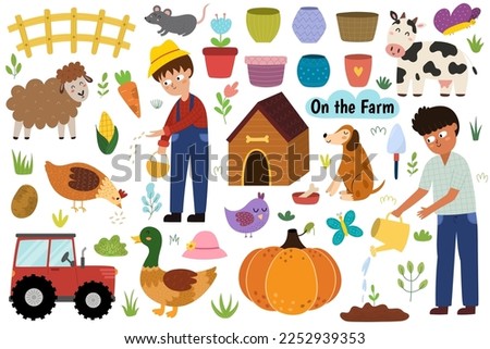 On the farm set with cute animals and kids farmers. Countryside life elements in cartoon style. Boy watering plant, sheep, cow, dog, duck, tractor and gardening graphic collection. Vector illustration