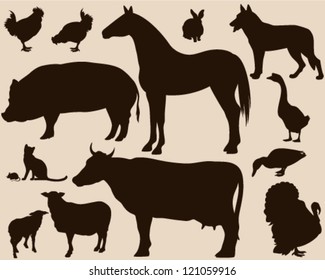 on the farm - set of detailed vector animals silhouettes - brown outlines over beige