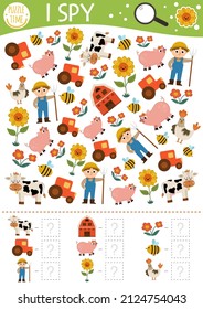 On the farm I spy game for kids. Searching and counting activity with farmer, tractor, barn, cow. Rural village printable worksheet for preschool children. Simple country farm spotting puzzle
