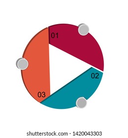 On the figure, the infographics circle is trimmed with triangle 3d, infographics green, orange, red, with numbers. Infographics for business, prose, presentations.