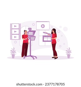  On a film studio set, a Camera assistant holding a Clapperboard film crew team. Close-up shot. Film Production Concept. trend modern vector flat illustration