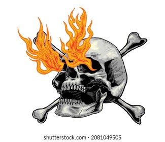 on fire skull with x bone vector illustration