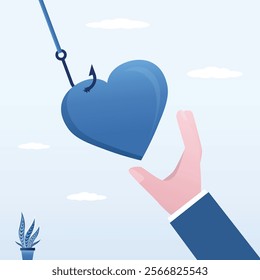 On fishing hook hanging heart. Human pulling hand to the heart. Deception, trap on the hook. Abusive relationships. Find perfect match icon. Romantic codependent feelings. flat vector illustration