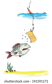 On a fishing hook message to the fish. Vector illustration.