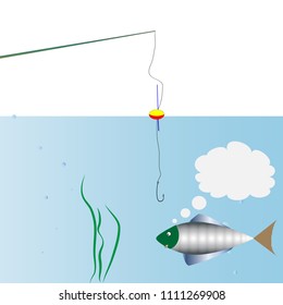 On fishing. Fishing rod with a float and an empty hook. near the fish swims.  Conceptual image of the thought fish. There is a place where to put the text
