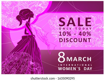 On the flyer for March 8, women`s day, the theme of the 10 40% sale is depicted, in the figure an elegant girl on the background of a pattern of flowers and text.