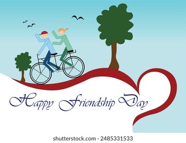 On Friendship Day, a couple rides a bicycle together, with birds flying in the sky and trees in the background.