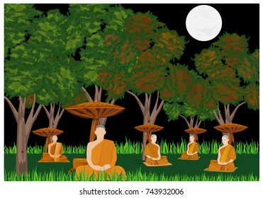 On the full moon five monk meditating in forest vector design