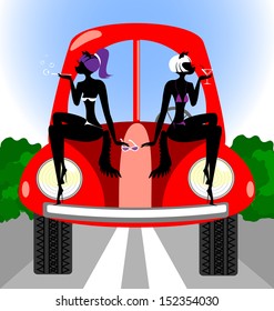 on a funny red car are two figures of cat-girl in relaxation