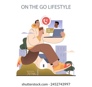 On the Go Lifestyle concept. Dynamic urban professional multitasking with coffee and video call. Work-life balance in motion.
