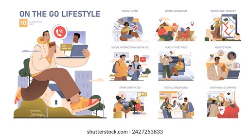 On the Go Lifestyle set. A dynamic illustration series depicting active, modern life with digital detox, remote work, and continuous learning.