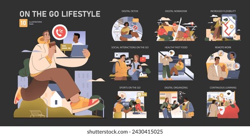 On the Go Lifestyle set. A dynamic illustration series depicting active, modern life with digital detox, remote work, and continuous learning.