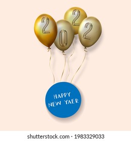 On golden balloons the number 2022 rises up the inscription Happy New Year isolated on a festive background. Vector illustration