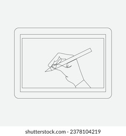 On a graphics tablet, hands draw. This is a cutting-edge device that allows you to write and draw on a touchscreen tablet using a beautiful black pen and Wi-Fi connection. societal information vectors