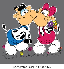 On grass there are two lovely cows with blue and pink dress and ribbon on grey background. Vector illustration.