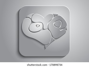 On a gray background gray abstract heart with inscription love on the gray icon
