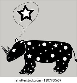 on a gray background a black and white rhinoceros with a sta