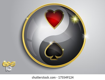 On a gray background black and white yin yang sign with red and black card suits  in the glass