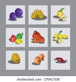 On a gray background depicts a set of icons with fruits and vegetables. Set of icons vegetables and fruits. element for design.