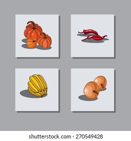 On a gray background depicts a set of icons with fruits and vegetables