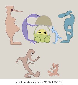 En un fondo gris, un grupo de personajes ficticios. El carruaje, es una bola amarilla con ojos. Lilac, azul y amarillo le miran. Un excéntrico está bailando en primer plano, entreteniendo un mar