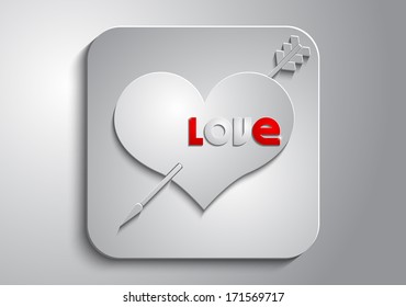On a gray background gray heart with an arrow icon on the gray paper